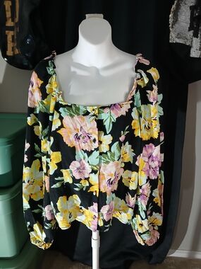 Who What Wear Floral Square-Neck Off Shoulder Puffy Sleeves Colorful Smocked